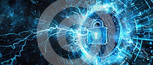 Padlock with lightning in dark cyber world, abstract digital data background, secure information. Theme of lock, protection,