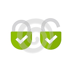 Padlock or lock icon open and closed flat vector isolated symbol, unlocked and locked padlocks with checkmarks as