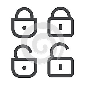 Padlock or lock icon vector open and closed line outline art isolated symbol, unlocked and locked padlocks secured or