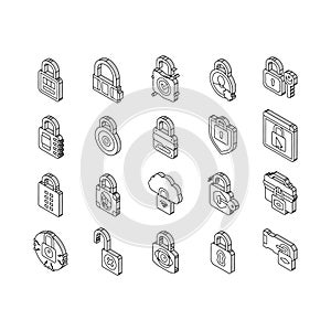 padlock lock safe password key isometric icons set vector