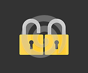 Padlock lock and unlock icon on green and red flat button, security system logo design. Lock open and lock, security concept.