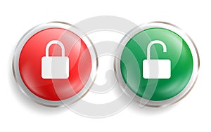 Padlock lock and unlock icons on green and red button. Open and closed symbol in round badge. Isolated emblems