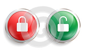 Padlock lock and unlock icons on green and red button. Open and closed symbol in round badge. Isolated emblems on white background