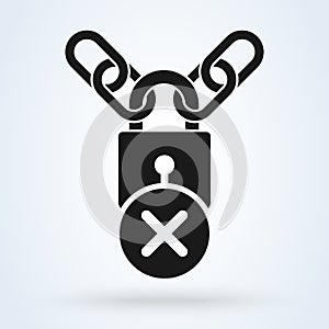 Padlock and metal chain and Cross sign x icon concept of protection. Vector illustration