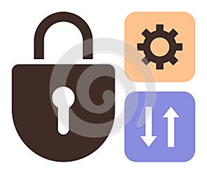 Security Lock with Gear and Data Transfer Arrows Representing Encryption and System Settings