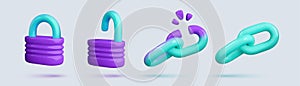 Padlock, open lock, chain and weakness chain link 3d vector icon set on white background. Safety, encryption, protection