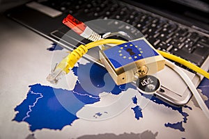Padlock over a laptop and a EU map, GDPR metaphor