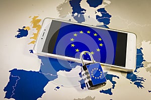 Padlock over a smartphone and EU map, GDPR metaphor