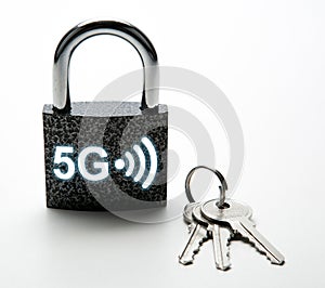 Padlock with password 5G internet with keys on a white Internet security close up Internet security