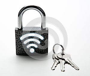 Padlock with password wi-fi with keys on a white Internet security