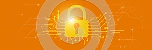 A padlock is positioned in the center of a vivid orange circuit board background