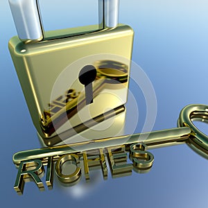 Padlock With Riches Key Showing Wealth Savings And Fortune