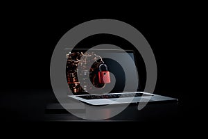 Padlock on the screen of open laptop on black background with copy space. Cyber security concept. AI generated