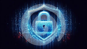 Padlock shield with binary code in blue-red tones concept of cyber security