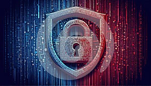 Padlock shield with binary code in blue-red tones concept of cyber security