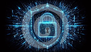 Padlock shield with binary code in blue-red tones concept of cyber security