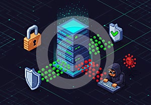 A padlock and shield icon are on the left and right, representing