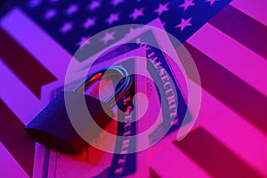 Padlock and social security card on United States flag. Identity theft and identity protection concept