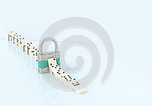 Padlock stopping domino effect on white background.