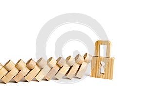 Padlock stops falling dominoes or people. The concept of compliance with laws and social norms, avoiding panic and violation