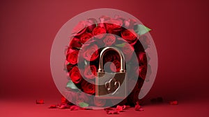 Padlock stucked in a bouquet of roses