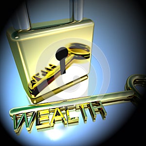 Padlock With Wealth Key Showing Riches Savings 3d Rendering