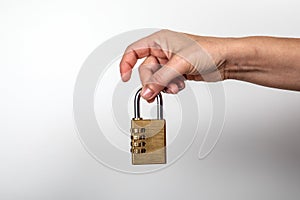 Padlock in woman`s hand. Data, information, property and security on the Internet concept