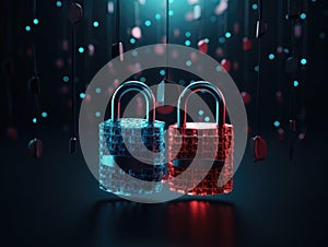 padlocks in front of digital codes. Cybersecurity. Locks. Keys.
