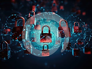 padlocks in front of digital codes. Cybersecurity. Locks. Keys.