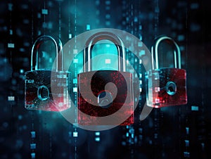 padlocks in front of digital codes. Cybersecurity. Locks. Keys.