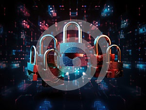 padlocks in front of digital codes. Cybersecurity. Locks. Keys.