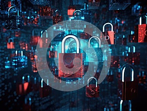 padlocks in front of digital codes. Cybersecurity. Locks. Keys.