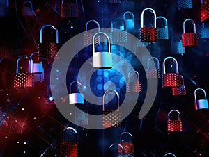 padlocks in front of digital codes. Cybersecurity. Locks. Keys.