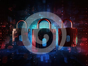 padlocks in front of digital codes. Cybersecurity. Locks. Keys.