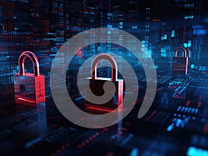 padlocks in front of digital codes. Cybersecurity. Locks. Keys.