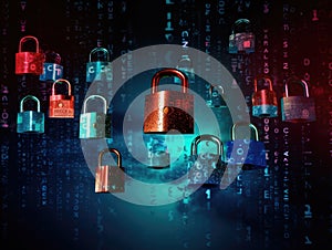 padlocks in front of digital codes. Cybersecurity. Locks. Keys.