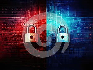 padlocks in front of digital codes. Cybersecurity. Locks. Keys.