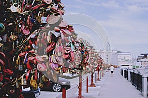 Padlocks with the names of loved ones, selective focus