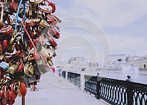 Padlocks with the names of loved ones, selective focus