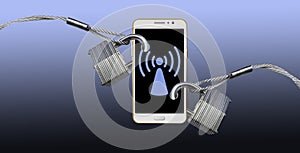 Padlocks and steel cables securing a cell phone illustrates protecting your wireless and bluetooth signals.