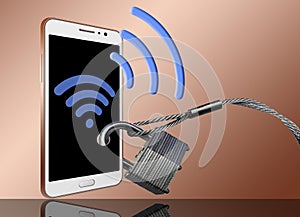 Padlocks and steel cables securing a cell phone illustrates protecting your wireless and bluetooth signals.