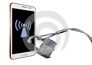 Padlocks and steel cables securing a cell phone illustrates protecting your wireless and bluetooth signals.