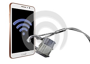 Padlocks and steel cables securing a cell phone illustrates protecting your wireless and bluetooth signals.