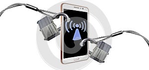 Padlocks and steel cables securing a cell phone illustrates protecting your wireless and bluetooth signals. photo