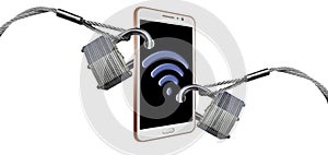 Padlocks and steel cables securing a cell phone illustrates protecting your wireless and bluetooth signals. photo