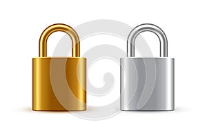 Padlocks vector illustration set. Steel golden and silver locks isolated on white background. Secure privacy and