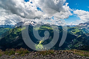 Padon, Marmolada, Langkofel and part of Sella mountain group from Sief mountain peak in the Dolomites