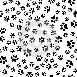 Pads of cat paws seamless pattern. Animal paw prints on ground. Pets and wild animals. Simple black and white vector isolated on