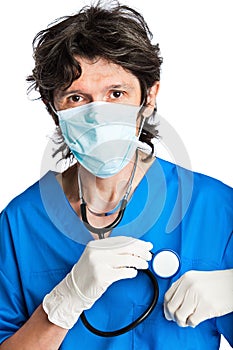 Paediatrician with stethoscope on white