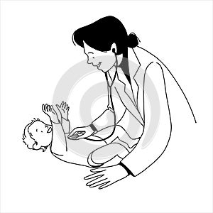 Paediatrician woman with baby, kid doctor, flat minimalistic illustration